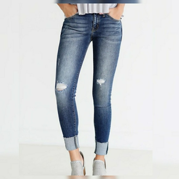 Denim - Dark Wash Cuffed Hem Skinny Jeans